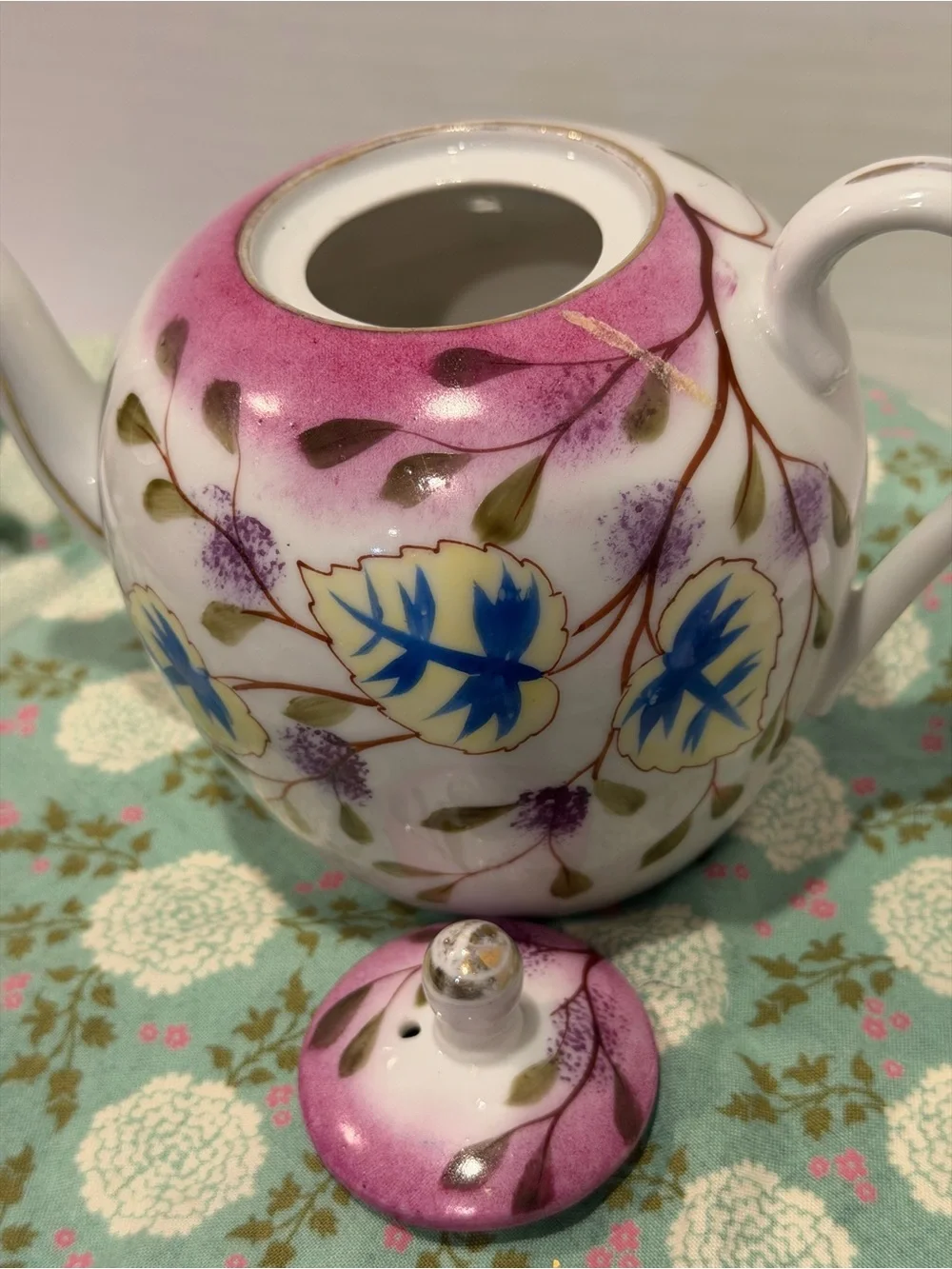 Vintage Hand Painted Porcelain  3 Pc Tea Set Tea Pot Lidded Sugar And Creamer.